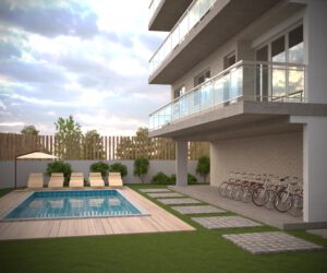 Fachada Trébol Residencial con piscina en Sagunto, Comunidad Valenciana.